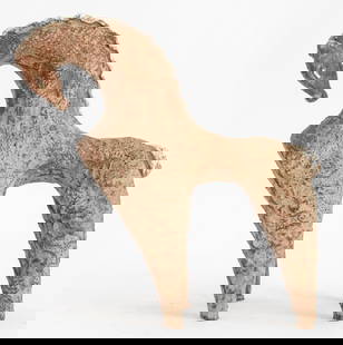 Urbano Zaccagnini Terracotta Horse Sculpture: Urbano Zaccagnini (Italian, 1868-1937) Terracotta Horse Sculpture, white glazed mane and tail, signed "Z" and marked "ITALY / T.5324" to underside. One ear lacking. 12" H x 12" W x 3.75" D. Keywords: