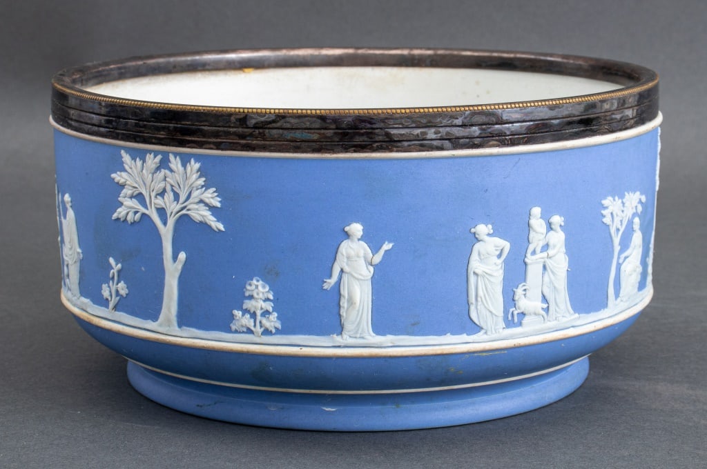 Wedgwood Light Blue Jasperware Salad Bowl: Wedgwood Light Blue Jasperware Salad Bowl serving piece with Neoclassical motif scenes and silvered metal rim, marked to underside. 4.75" H x 9" Diameter. Keywords: Ceramics, Art pottery, Classical de