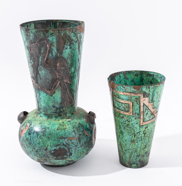 Mexican Mid-Century Silver Inlay Verdigris Vessels (1 of 10)