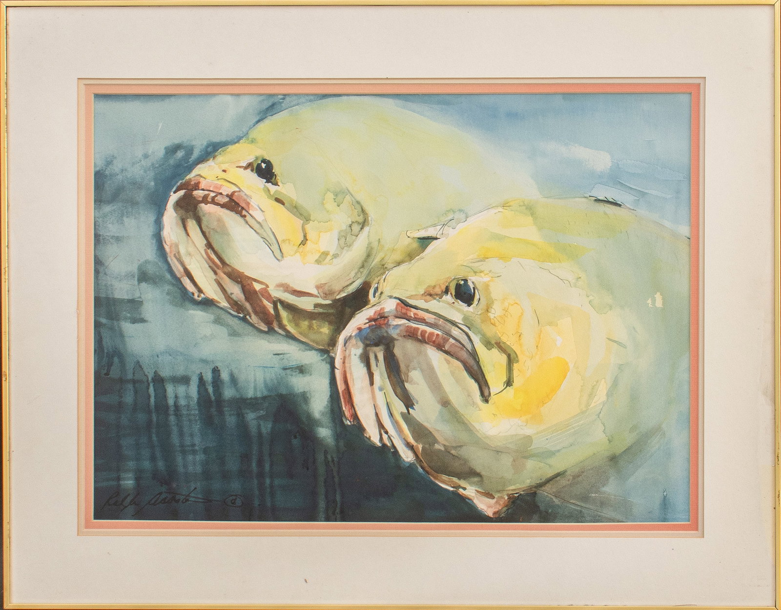 Ralph Acosta "Great Catch" Watercolor 1993: Ralph Acosta (American), "Great Catch", Watercolor on Paper, depicting two groupers, signed lower left, label to back, in gold tone metal frame. Image: 13.75" H x 20" W; frame: 20.25" H x 26.25" W. Ke