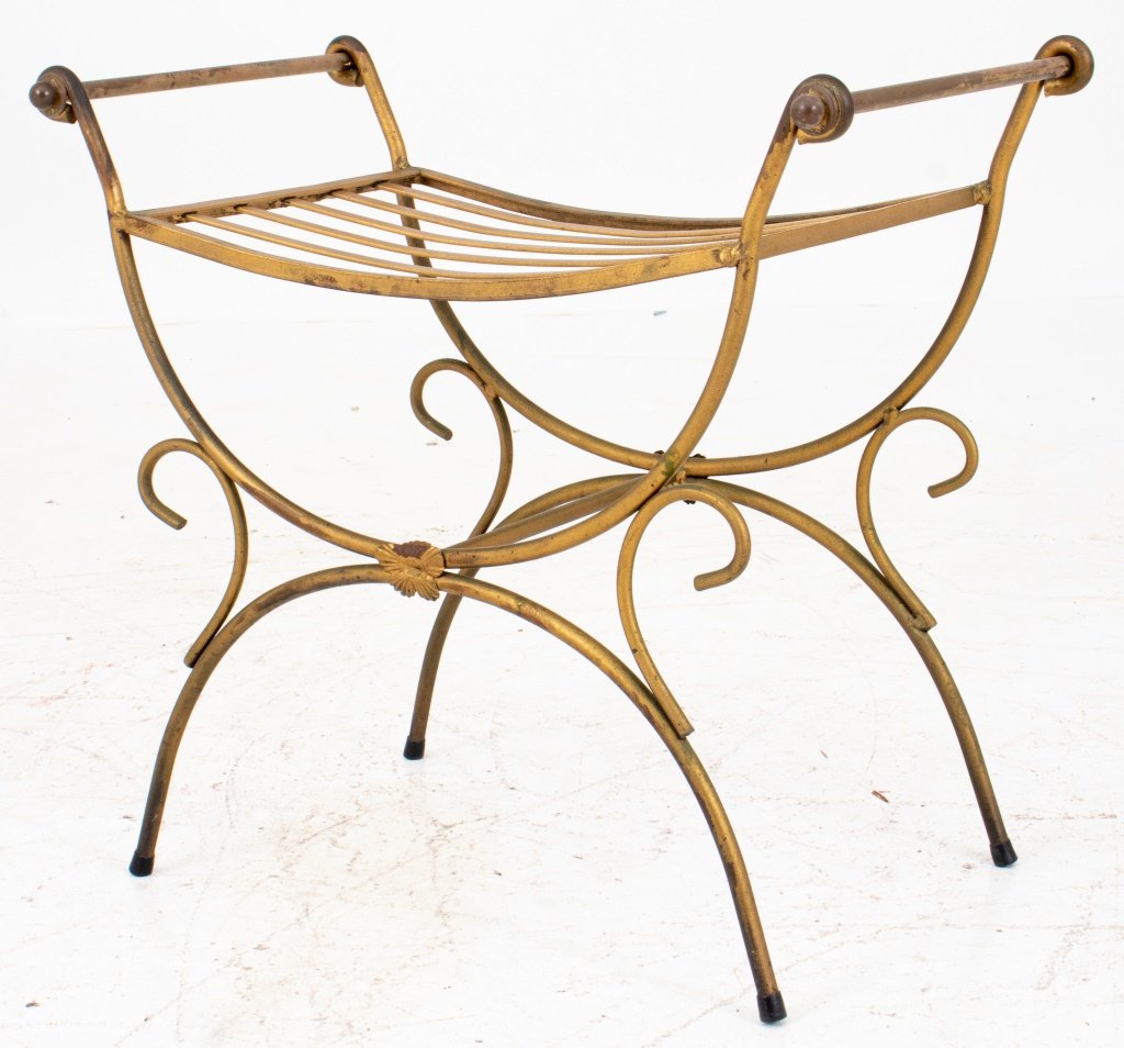 Empire Manner Giltmetal Curule Bench: Empire Manner Giltmetal Curule Bench made of tubular metal with side handles. 22" H x 24.5" W x 14" D. Keywords: Furniture, Seating