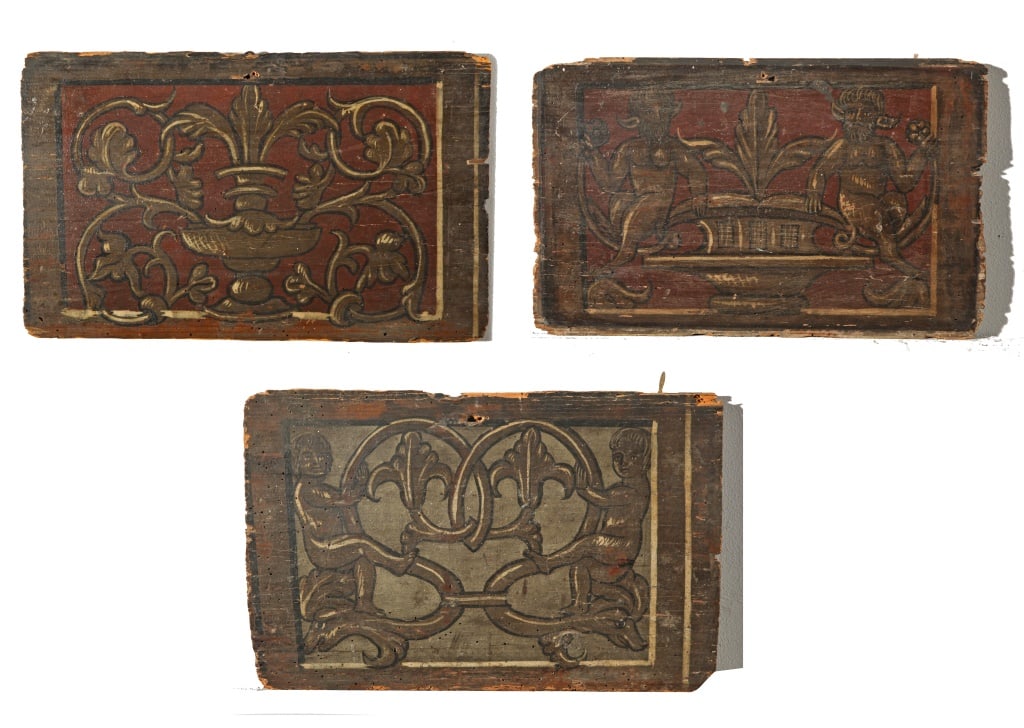 Italian Painted Wood Donkey Cart Panels, 3: Italian Painted Wood Donkey Cart Panels, group of three with cherub, satyr, and foliate motifs. 8.5" H x 13.25" W. Wormage, age splits, and edge wear all consistent with age. Keywords: Antiques, Art, 