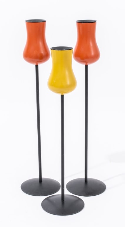 Laurids Lonborg Danish Modern Candlesticks, 3: Three Danish Modern Candlestick Holderss designed by Laurids Lonborg, in the form of tulips, painted wood and metal, marked "Laurids Lonborg / Denmark" on underside. 11.5" H x 2.75" in diameter. Keywo