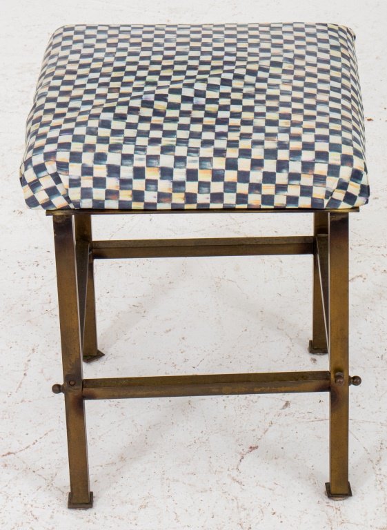 Diminutive Square Brass Stool: Diminutive Square Brass Stool, the seat covered with a checkered cloth, the square legs attached by square stretcher with brass finials. 16" H x 13" W x 13" D. Keywords: Vintage, Furniture, Seating