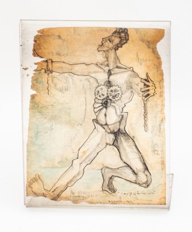 E. Lifshitz "Homenaje al Hombre Libre" Mixed Media: E. Lifshitz (XX), "Homenaje al Hombre Libre", Mixed Media Ink and Watercolor on Parchment Paper, 1963, signed twice, titled, and dated below, acrylic easel frame. Image: 9.75" H x 7.75" W; frame: 10.5