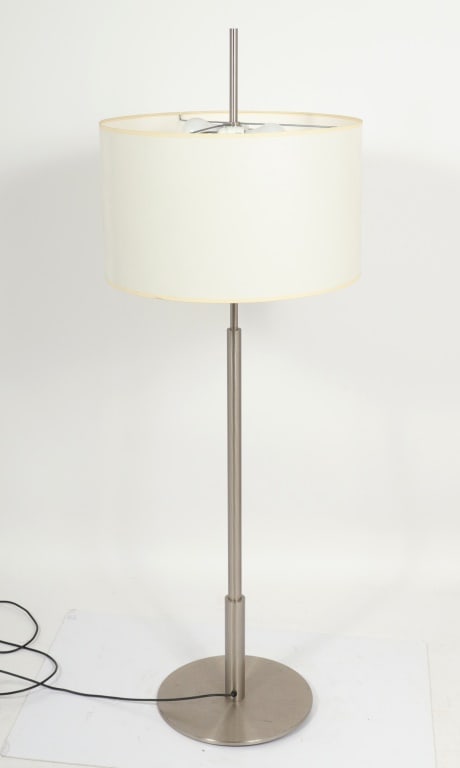 Santa & Cole Modern "Diana" Floor Lamp: Santa and Cole Modern "Diana" Floor Lamp with satin nickel finish and white linen drum shade, round base, double socket with "Santa & Cole" label. Overall: 58" x 14" Diameter; shade: 20.5" Diameter. K
