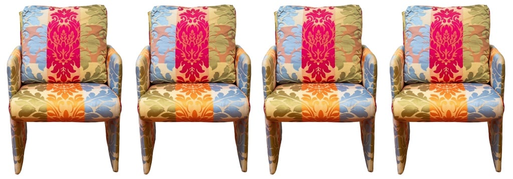 Peter Murdoch Style Upholstered Arm Chairs, 4: Set of Four Peter Murdoch (British, b. 1940) Style Arm Chairs with tufted backs, each upholstered in colorful damask fabric. 33" H x 22.5" W x 25" D; seat: 18" H. Provenance: Property from the Long Is