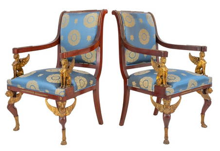 Jacob Desmalter Manner Empire Style Armchairs, 2: Pair of Francois-Honore-Georges Jacob-Desmalter (French, 1770-1841) Manner Mahogany Empire Style Armchairs, circa 19th century, in the Retour d'Egypte taste, front legs terminating in lion's paw feet