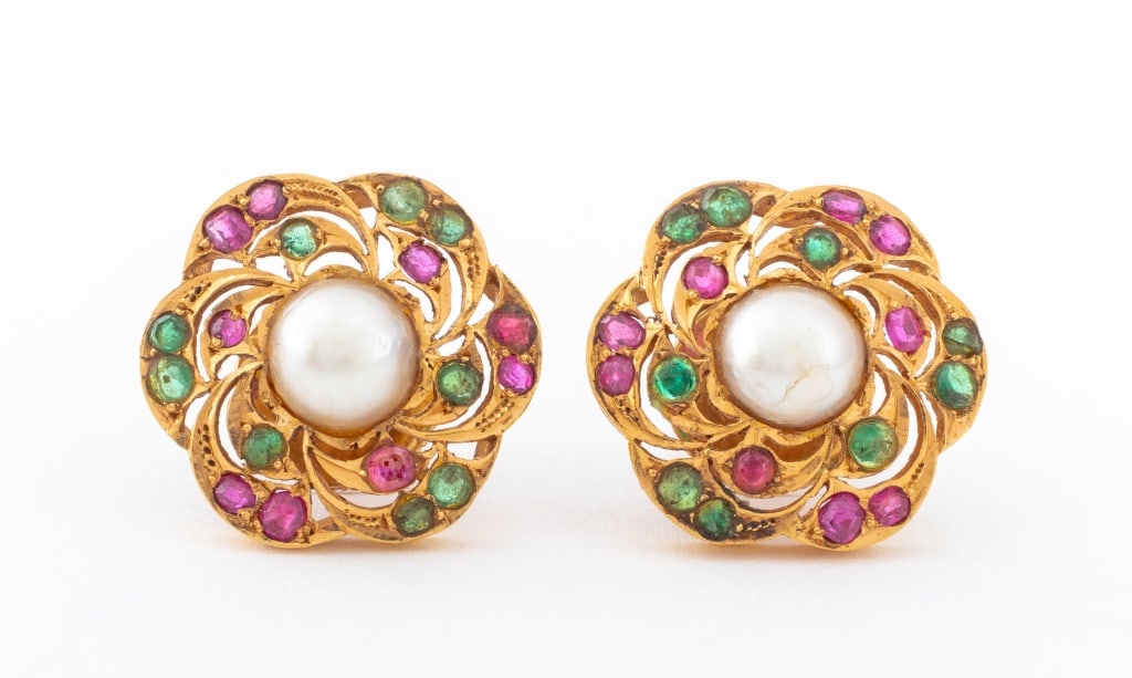 18K Yellow Gold Pearl, Ruby, & Emerald Earrings (1 of 5)