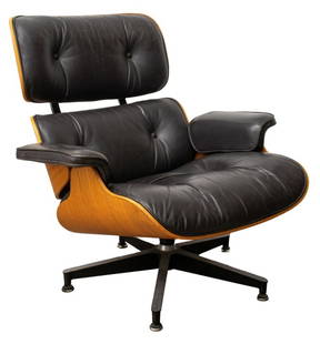 Charles & Ray Eames for Herman Miller Lounge Chair: Charles and Ray Eames (American, 1907-1978; 1912-1988) for Herman Miller Mid-Century Modern Lounge Chair, with black leather upholstery. 32.5" H x 31.75" W x 34.25" D; seat: 16.25" H. Provenance: From