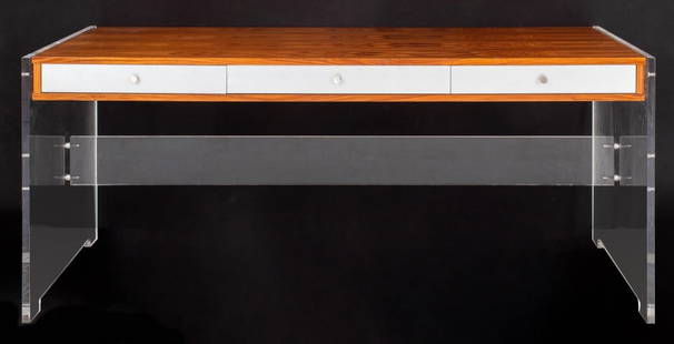 Poul Norreklit for Georg Petersen Modern Desk: Poul Norreklit (Danish, 1922-1987) for Georg Petersen Furniture Rosewood Exterior, acrylic and aluminum with oak interior. 28.5" H x 67" W x 31.5" D. Provenance: From an Upper East Side collection. Ke