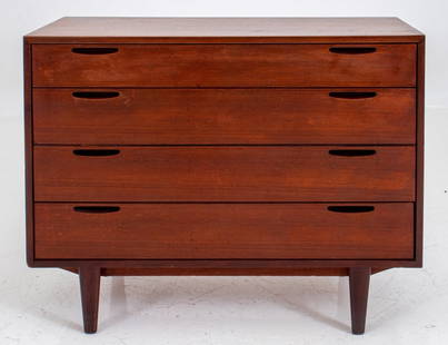 Ib Kofod Larsen Danish Modern Four-Drawer Chest: Ib Kofod Larsen (Danish, 1921-2003) Modern Four-Drawer Chest, rectangular with recessed elongated oval pulls, the whole on tapering oval columnar legs, with interior label to drawer reading "Furniture