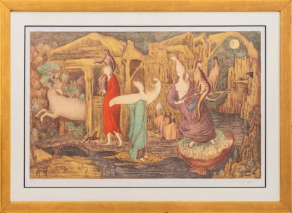 Leonora Carrington "Tuesday" Lithograph, 1987: Leonora Carrington (Mexican, 1917-2011), "Tuesday", Lithograph in Colors, 1987, numbered "III / L" lower left and signed lower right, gold-tone frame. Image: 20.5" H x 30.5" W; frame: 29.5" H x 40.5"