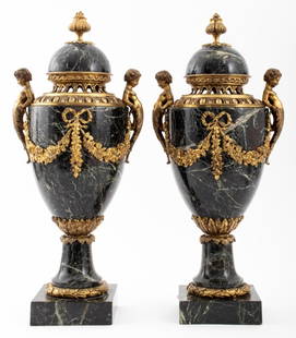 Louis XVI Style Mounted Marble Covered Urns, Pair: Pair of Louis XVI Revival Style Gilt Metal Mounted Verde Antico Marble Covered Urns, 19th century. 19.5" H x 8.5" W x 6.5" D. Provenance: From a West 12th Street estate. Keywords: Antique, Vessels, Ga