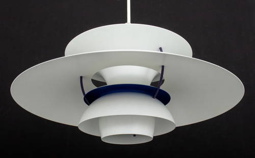 Poul Henningsen for Louis Poulsen PH5 Pendant Lamp: Poul Henningsen (Danish, 18964-1967) for Louis Poulsen PH5 Hanging Pendant Lamp, designed 1958, the lamp shade in white with blue accent and concentric circle design. 12" H x 20" Diameter. Provenance: