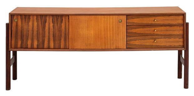 White & Newton Teak & Rosewood Sideboard: White and Newton of Portsmouth Teak and Rosewood Sideboard, circa 1960s, with three drawers and two sliding door cabinets over four rosewood legs, labeled "White & Newton / Portsmouth" inside top draw