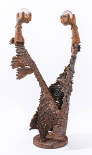 Brutalist Metal & Found Object Abstract Sculpture: Brutalist Metal and Found Object Abstract Sculpture, apparently unsigned. 20.75" H x 10.5" W x 6" D. Provenance: From a Manhattan collector. Keywords: Statue, Mixed Media, Brutalist, Brutalism, Claw,