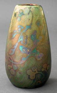 Jacques Sicard for Weller Pottery Iridescent Vase: Jacques Sicard (French, 1863-1925) for Weller Art Pottery Iridescent Glazed Triangular Top Bud Vase, circa 1905, with scrolling foliate and berry design, apparently unsigned. 4.75" H x 2.75" Diameter.