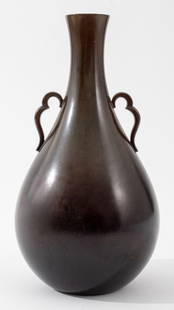 Just Andersen Art Deco Bronze Vase, ca. 1930s: Just Andersen (Danish, 1884-1943) Art Deco Patinated Bronze Vase, circa 1930s, signed, struck "DENMARK" and "B1746" to underside, Chinese-inspired form with two scrolling handles. 7.25" H x 4" Diamete