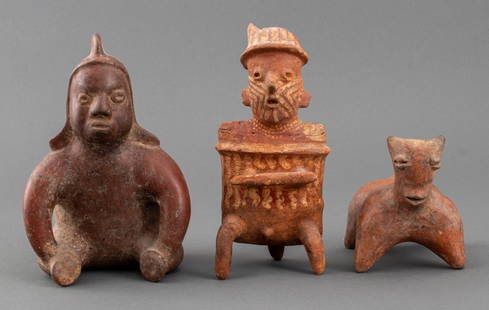 Ancient Pre-Columbian Ceramic Figures, 3: Group of Three Ancient Pre-Columbian Ceramic Terracotta Figures, Mexican, circa 200 BCE-300 CE, and comprising: a Colima redware hunchback figure jug, a Nayarit warrior sculpture with painted decorati