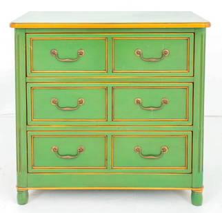 Maison Jansen Style Green Painted and Gilt Chest: Maison Jansen Style Green Painted and Parcel Gilded Three Drawer Commode, the rounded rectangular top above paneled drawers with two pulls each and gilt detail. 31" H x 33" W x 19.5" D. Keywords: Furn