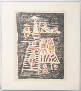 Massimo Campigli "Il Trampolino" Lithograph: Massimo Campigli (Italian, 1895-1971) "Il Trampolino" lithograph in colors, 1954, depicting figures lounging and swimming, pencil signed and dated lower right and numbered edition 104 of 200 lower lef