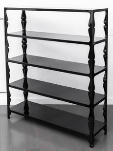 Hollywood Glam Black Lacquered Etagere: Hollywood Glam Black Lacquered Etagere, rectangular and with five tiers, the supports with scrolling edges. 56.5" H x 49" W 16.75" D. Provenance: Property from an 11th Avenue duplex. Keywords: Modern,