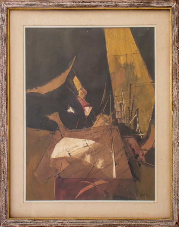 Giglio Dante Abstraction Acrylic on Paper Collage: Dante Raphael Giglio (Italian/American, 1914-2006), Abstraction, Acrylic on Paper Collage, 1963, signed lower right, wood frame. Image: 23" H x 17.25" W; frame: 30" H x 24" W. Provenance: From a Manha