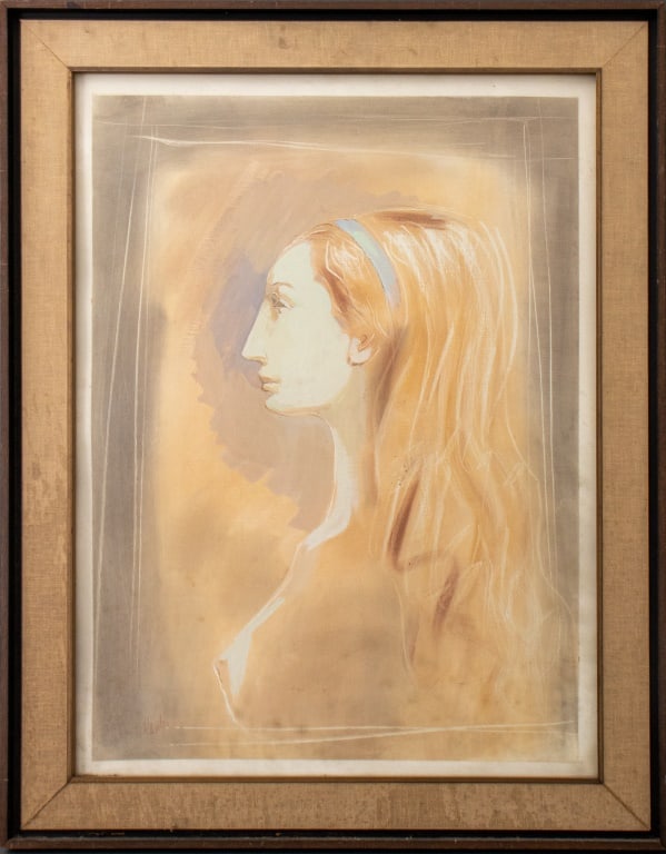 Giglio Dante "Florentine Girl" Gouache on Canvas: Dante Raphael Giglio (Italian/American, 1916-2007), "Florentine Girl", Gouache on Canvas, depicting the portrait of a nude woman in profile wearing a light blue ribbon in her hair, signed lower left,