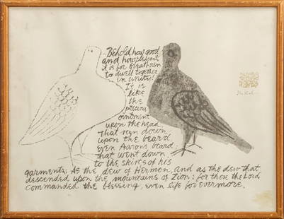 Ben Shahn "Two Doves from Psalm 133" Lithograph: Ben Shahn, "Two Doves from Psalm 133", Offset Lithograph, labeled lower center "1983 reprint from 1966 lithograph", stamped "Sishatune", wood frame. Image: 14.75" H x 19.25" W; frame: 16" H x 20.5" W.