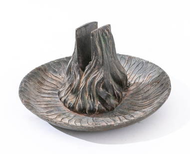 Art Nouveau Patinated Metal Ashtray Match Display: Art Nouveau Bronze Verdigris Patinated Metal Ashtray and Match Display with salamander to base. 4" H x 7.5" Diameter. Provenance: From a Manhattan collector. Keywords: Smoking accessories, Antique, In