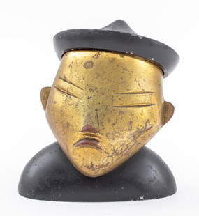 Hagenauer Werkstatte Attr Brass Figure Trinket Box: Hagenauer Werkstatte Wien, Vienna, Austria Attributed Art Deco Gilt and Ebonized Brass Trinket Box in the form of a stylized man wearing a hat opening to reveal a red-painted compartment, apparently u