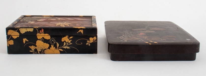 Japanese Showa Black Lacquer Boxes, 2: Two Japanese Showa Black Lacquer Boxes with hand painted floral decoration and inlay. Larger: 1.50" H x 10" L x 8" W. Provenance: From a Manhattan collector. Keywords: Jewelry box, Vessel, Storage, Co