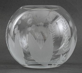 Tiffany & Co. Spherical Clear Glass Vase: Tiffany & Company Spherical Colorless Glass Vase with lily of the valley frosted motif, signed to bottom. 5" H x 5" Diameter. Keywords: Designer, Luxury, Art glass, Bud vase