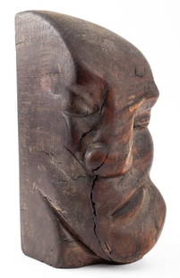 Rilleau Signed Male Bust Wood Sculpture: Rilleau Signed Male Face Wood Sculpture, 20th century, signed to verso "Rilleau". 9" H x 4.75" W x 3.5" D. Provenance: From a Manhattan collector. Keywords: Expressionist, Figurative, Boxer, Brutalist