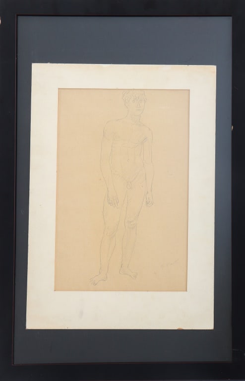 Gerhard Marcks Standing Nude Male Pencil on Paper: Gerhard Marcks (German, 1888-1981), Pencil on Paper, depicting a standing nude man, signed lower right, ebonized wood frame. Image: 15" H x 9.75" W; frame: 28" H x 18.5" W. Provenance: From a Manhatta
