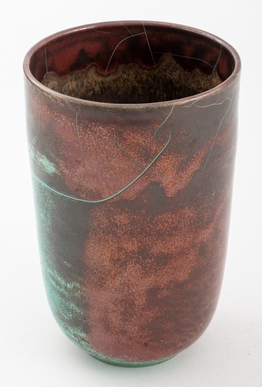 Richard Uhlemeyer Mid-Century Art Pottery Vase: Richard Uhlemeyer (German, 1900-1954) Mid-Century Modern Art Pottery Vase with mottled turquoise and oxblood glazes and sgraffito design, impressed "GERMANY" with maker's mark and "KUNSTHANDWERK" labe