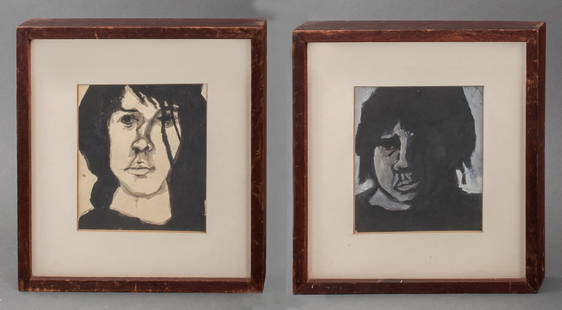 Abby Shahn Self Portraits Ink on Paper, 2: Two Abby Shahn (American, b. 1940) Self Portraits, Ink Drawings and Watercolors on Paper, each signed with The Drawing Shop gallery label to verso, housed under glass in wood frames. Images: 6.5" H x