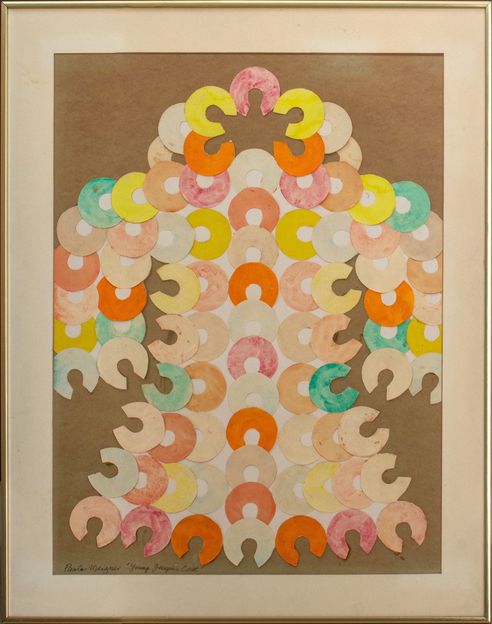 Paula Meizner "Young Joseph's Coat" Watercolor: Paula Meizner (American, born Poland, 1904-1990), "Young Joseph's Coat", Watercolor Collage, comprised of polychrome geometric c-form shapes, signed and titled lower left, The Katonah Gallery label to