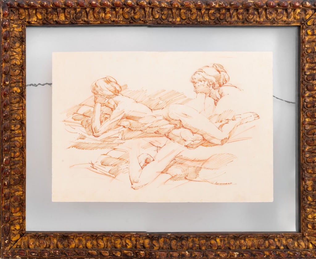 "Studies For Girls Reading" Red Ink on Paper, 1964: "Studies For Girls Reading", Red Ink on Paper, illegibly signed lower left, titled, dated "1964" and illegibly inscribed in pencil to verso, large wood frame. Image: 14.75" H x 20.5" W; frame: 25" H x