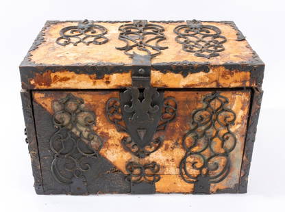 Spanish Renaissance Revival Travel Secretary Trunk: Spanish Renaissance Revival Oak and Wrought Iron Travel Secretary Trunk, compartments and drawers to inside. 11.25" H x 19.5" L x 11.75" D. Provenance: From a Manhattan collector. Keywords: Furniture,