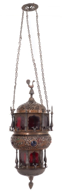 Moroccan Bronze & Stained Glass Hanging Lantern (1 of 6)