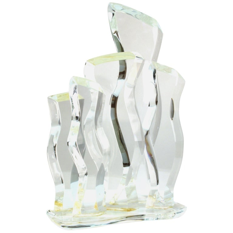 Hivo Van Teal Mid-Century Modern Lucite Sculpture: Hivo G. Van Teal (Cuban/American, XX) Mid-Century Modern Abstract Lucite Sculpture, in the shape of wave elements rising from a base, signed to corner of base. 21.5" H x 14" W x 7.5" D. Provenance: Fr