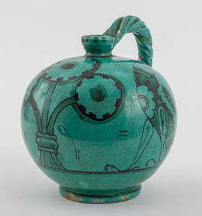 Italian Art Deco Maiolica Jug, 1930s: Italian Art Deco Period Maiolica Jug, likely late 1930s, the underside marked "A.F.M. / Made in Italy" and with a paper label fragment inscribed faintly in pencil "135 / 50", spherical form with narro