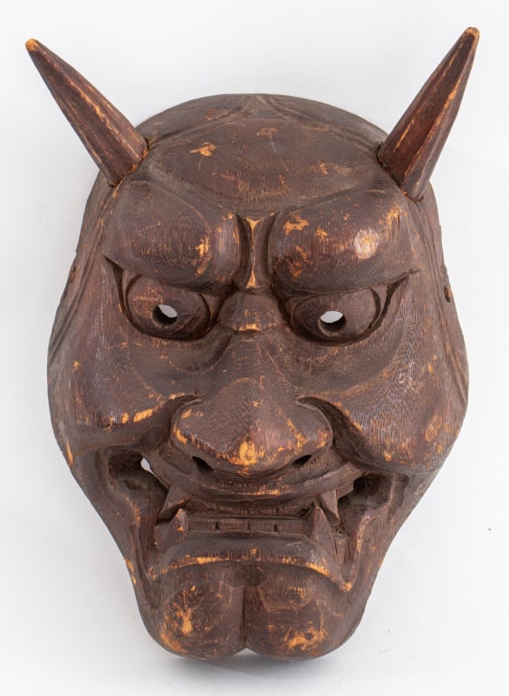 Japanese Noh Demon Mask: Japanese Noh Demon Mask, carved from Pawlonia wood. 7" H x 6" W x 3" D. Provenance: From a Manhattan collector. Keywords: Noh, Theater, Buddhism, Buddhist, Antiques, Asian Art