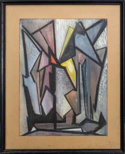 Illegibly Signed Cubist Gouache on Paper, 1962: Mid-Century Modern Gouache on Paper, 1962, depicting an Abstract Expressionist composition in cool tones with a central orange triangle, illegibly signed (possibly "Tamasky"), dated, and inscribed "Ro