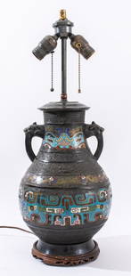 Japanese Art Deco Enameled Bronze Lamp: Japanese Art Deco Period Enameled Bronze Lamp, circa 1930s, in the form of a Chinese Shang dynasty vessel with decoration in blue, red, white, green, and black enamel. 24" H x 9.5 Diameter. Provenance