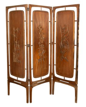 Mid-Century Modern Teak Three Panel Folding Screen
