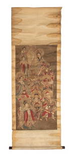 After Wu Daozi Immortals Scroll Painting: After Wu Daozi (Chinese, 680-740), Immortals, Scroll Painting, Ink on Paper, circa 18th century, depicting thirteen deity and demon figures, nine with halos. 85.5" L x 33.5" W. Provenance: From an Eas