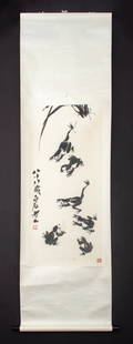 After Qi Baishi Frogs Scroll Painting: After Qi Baishi (Chinese, 1864-1957), Six Frogs, Scroll Painting, Ink on Paper, bearing two chop seal signatures left and lower right. Image: 37" H x 17" W; whole: 65" H x 22" W. Provenance: Property